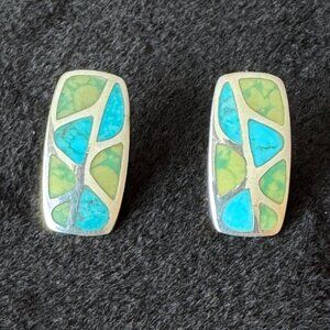 Turquoise Green and Blue Inlay Sterling Silver Post Earrings Petite Signed 925